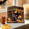 LED Halloween Scenes Vintage Glowing Wooden Tabletop Decor, Light Up 3D Scene Display Spooky Desktop Ornaments for Party, Festive Home Ornament Tiered
