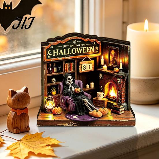 LED Halloween Scenes Vintage Glowing Wooden Tabletop Decor, Light Up 3D Scene Display Spooky Desktop Ornaments for Party, Festive Home Ornament Tiered