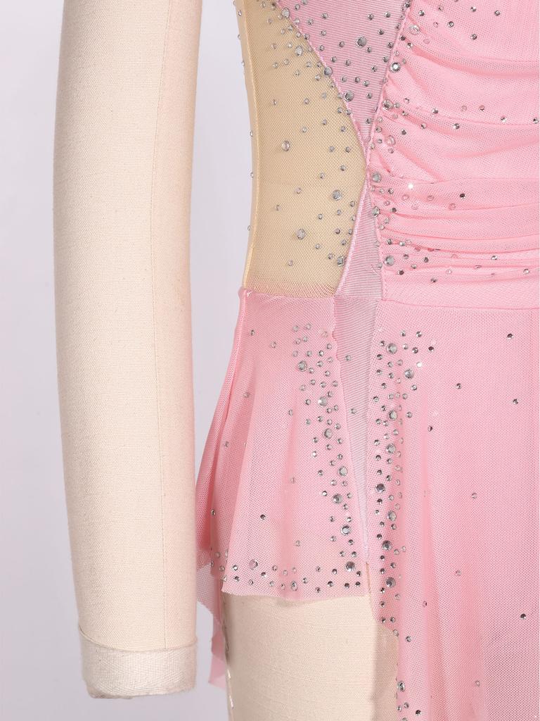 Girls Figure Skating Dress Sleeveless Sparkly Rhinestones Ruched Mesh Built In Briefs Dancewear