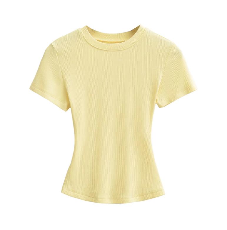 Summer New Female American Spice Girl Solid Color Crew Neck Short Sleeve T-Shirt Basic Threaded Bottom Top
