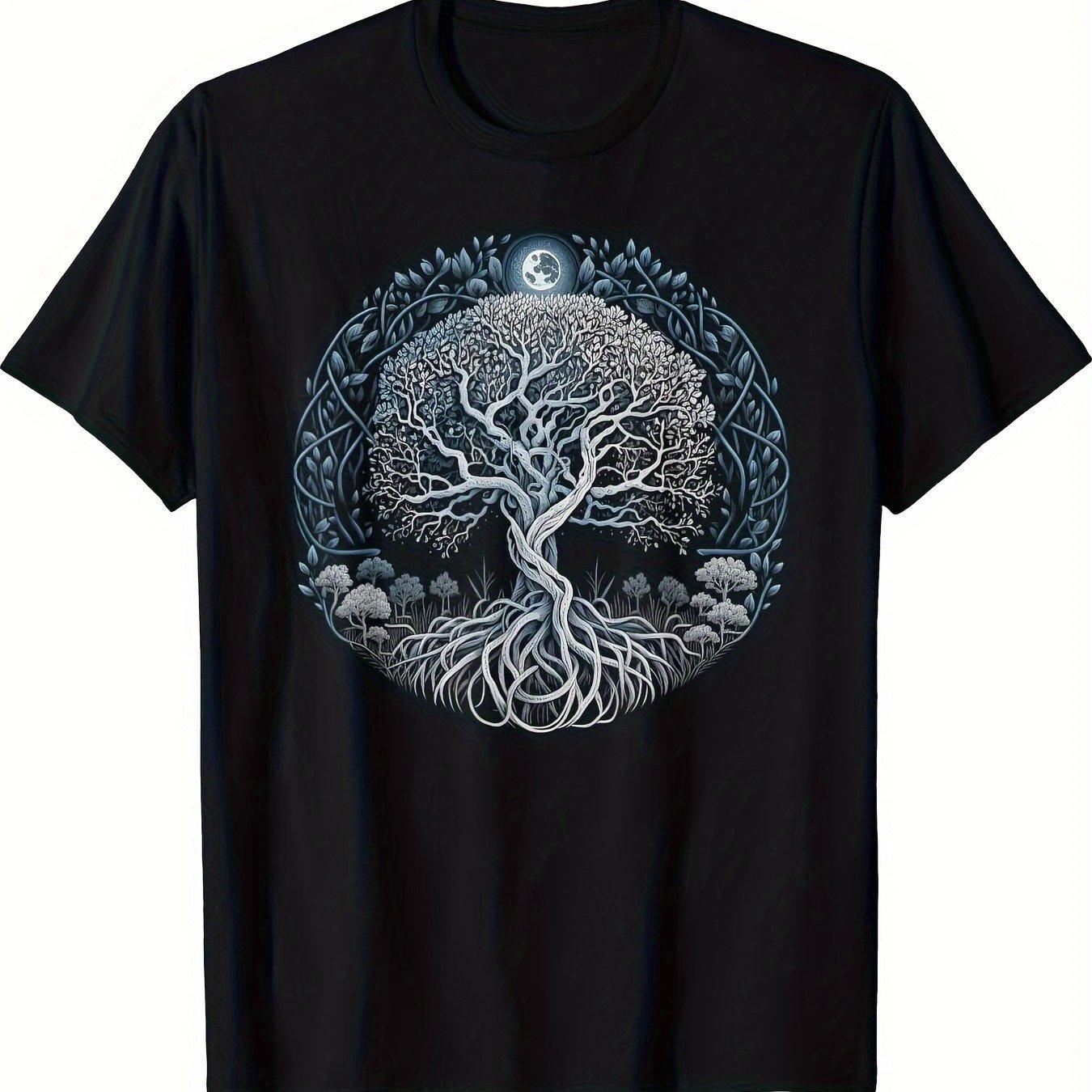 

Men Cotton Viking Mythology T-Shirt Yggdrasil Tree with Moon Stars Norse Graphic Tee Black Blue Viking Design Men Clothing 4XL