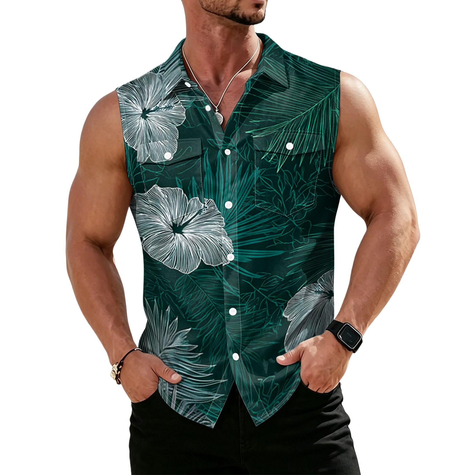 Men s Workwear Lapel Button-Down Vest Shirt - Lightweight Sleeveless Top L темно-зеленого