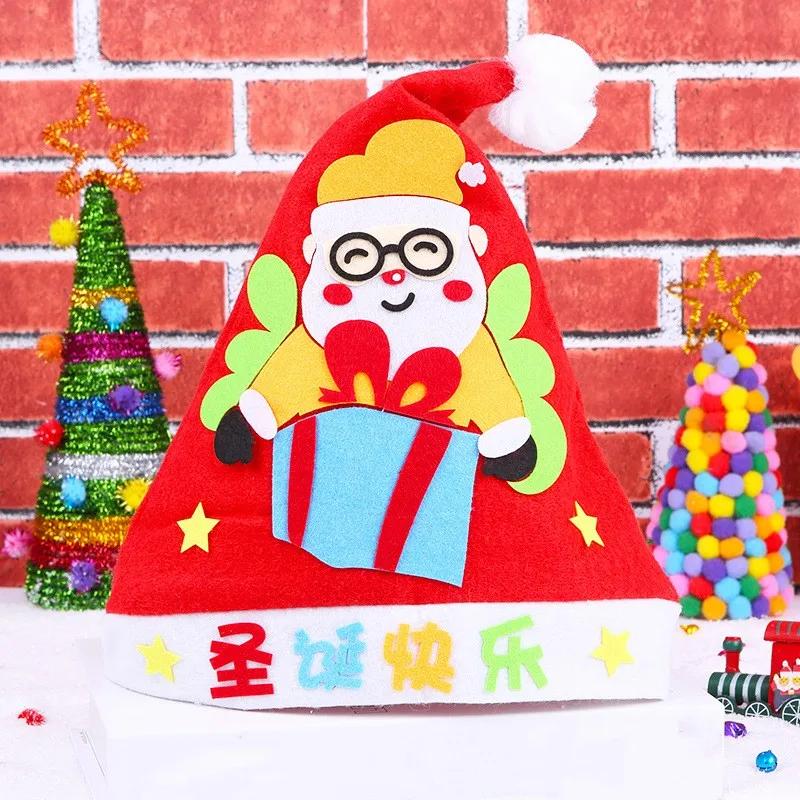 Children DIY Christmas Material Bag Playthings Kindergarten Creative Educational Handmade Cartoon Xmas Sock Cap Craft Kit Plaything for Kids