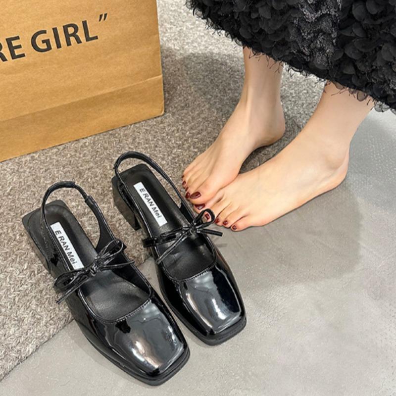 Fashion Spring Baotou Sandals New Square Head Shallow Mouth Butterfly Knot A Word Buckle Strap Anti-slip Wear Thick Heel Shoes