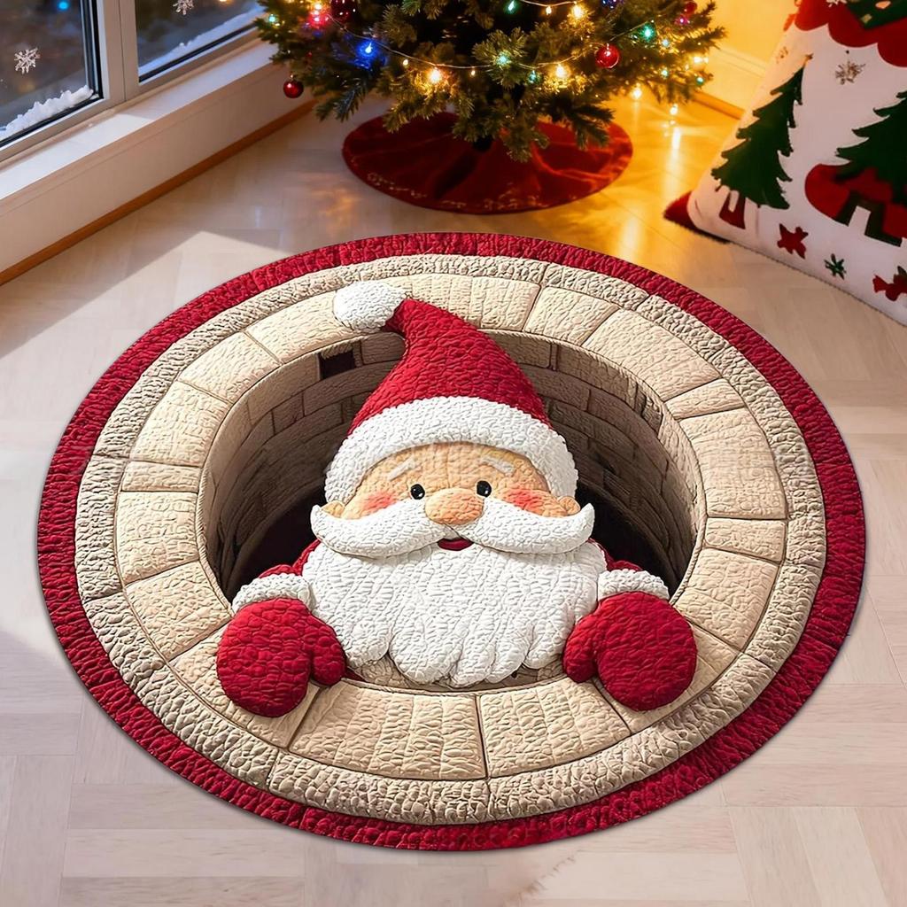 Tapis de Noël 3D 39 pouces Rond Père Noël Lavable Tapis de Porte Illusion d'Optique Tapis de Zone pour Intérieur Salle de Bain Entrée Maison