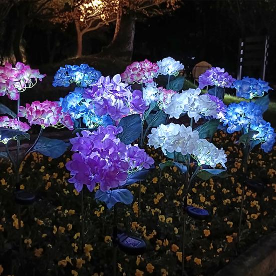 3-Head Solar Hydrangea Flower Garden Light with Colorful LEDs Waterproof Outdoor Stake Lamp