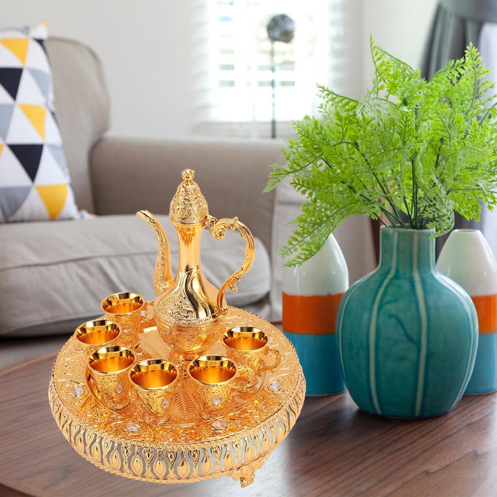 Vintage Wine Pot Set European Retro Coffee Pot Tray Kit Decorative Zinc Alloy Exquisite Carving Wine Cups for Home Party Dinner