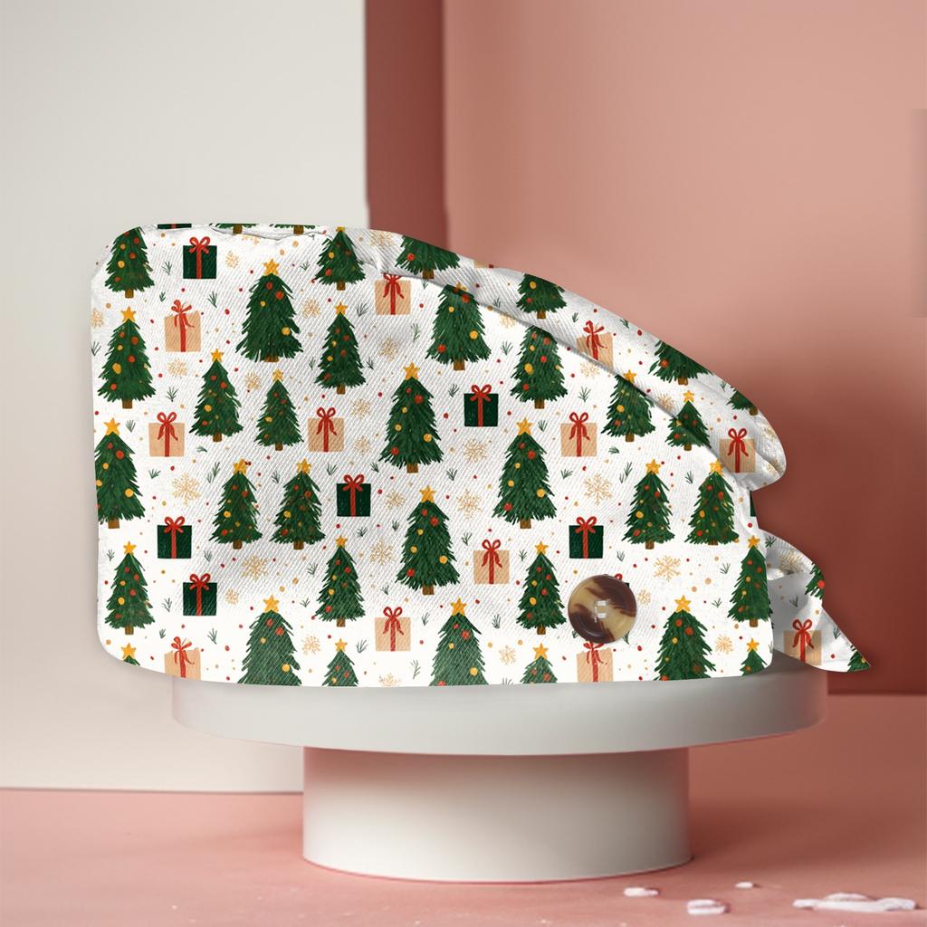 Weihnachtsdruck-Kittel für Damen, Lässige Turban-Arbeitsmütze, Dusch- und Wickeltuch