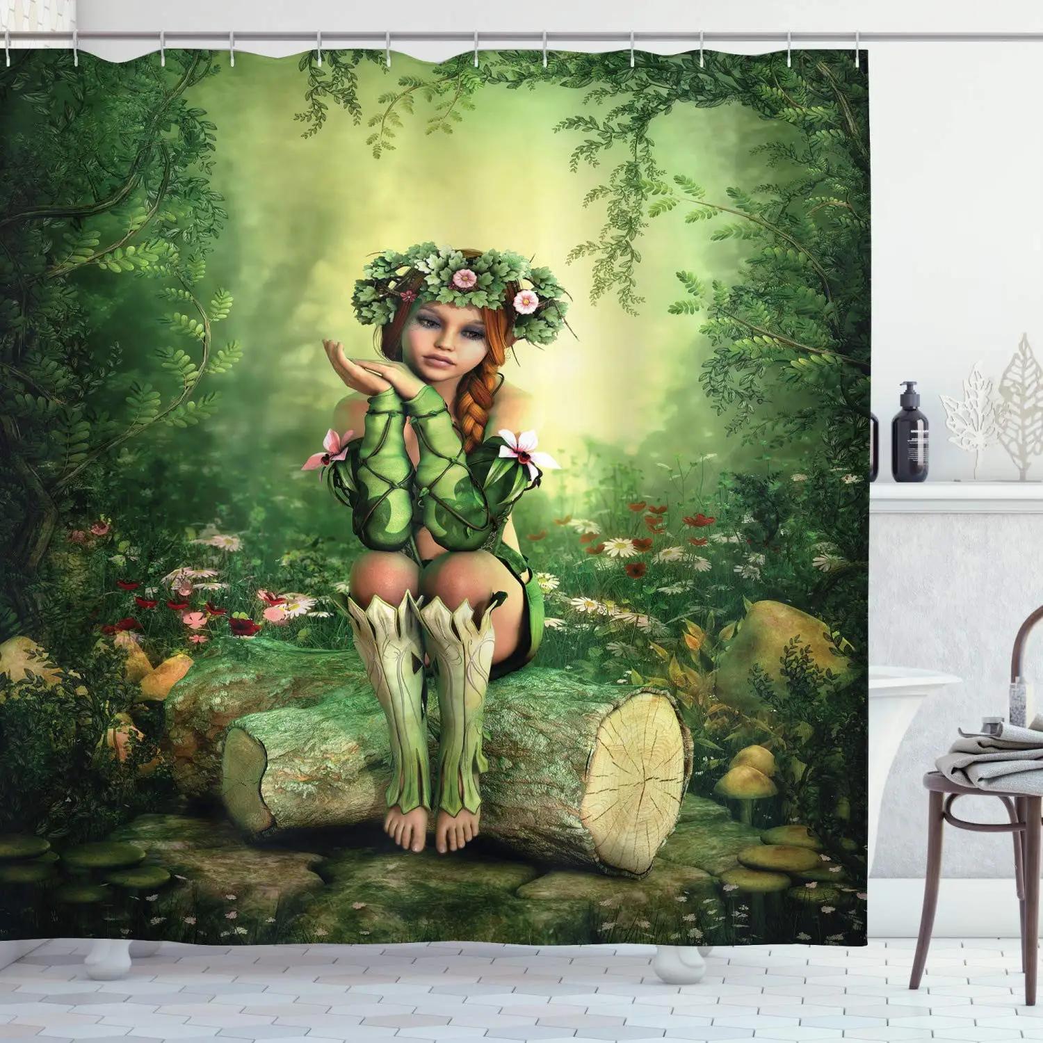 

Beautiful Wings Elves Girl Shower Curtain Fantasy Enchanted Forest Home Bathroom Decor Mushroom Flower Plant Bathroom Curtains W60H190(CM)-1 Pcs