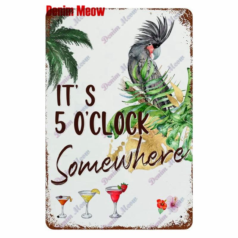 Metal Tin Sign Wall Decor, Vintage Parrot Cocktail Bar Plates, Kitchen Painting Decor, It's 5 O'clock, WY23