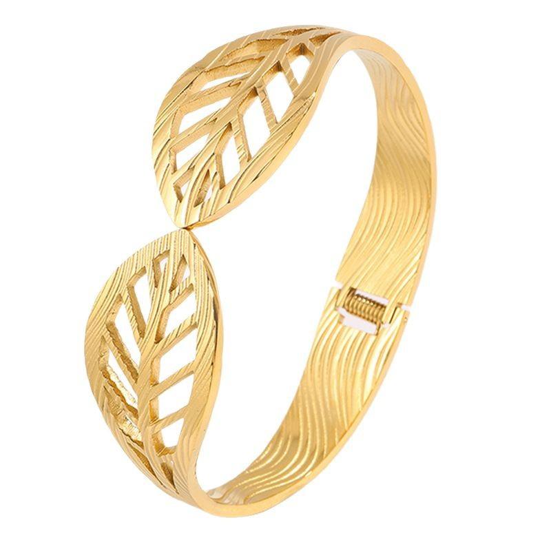 Stainless Steel Hollow Leaf Elastic Opening Sand Gold European and American Women's High-end Jewelry