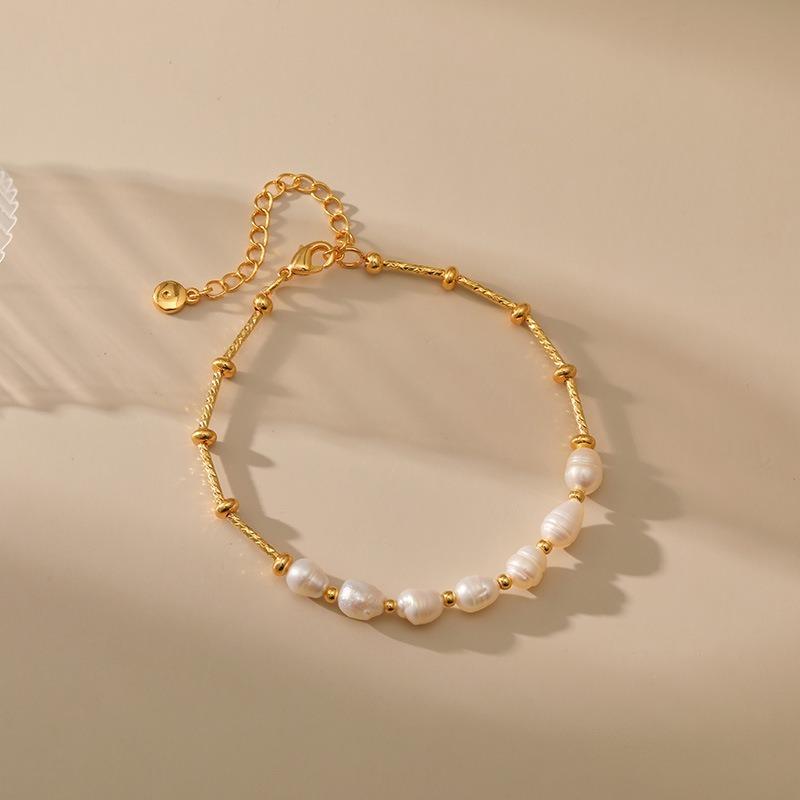 K Gold Plated Copper Natural Freshwater Pearl Elegant Women Bracelet