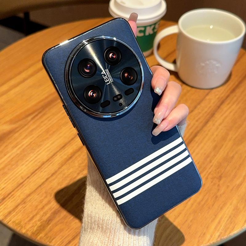 

For Xiaomi 14 Ultra Case Cloth Texture Four Line Design Electroplating PC+PU Phone Back Cover Blue