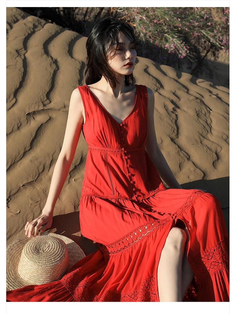 Women's V-Neck Red Dress for Travel and Vacation: Beach, Desert, and Grassland Style (F2105)