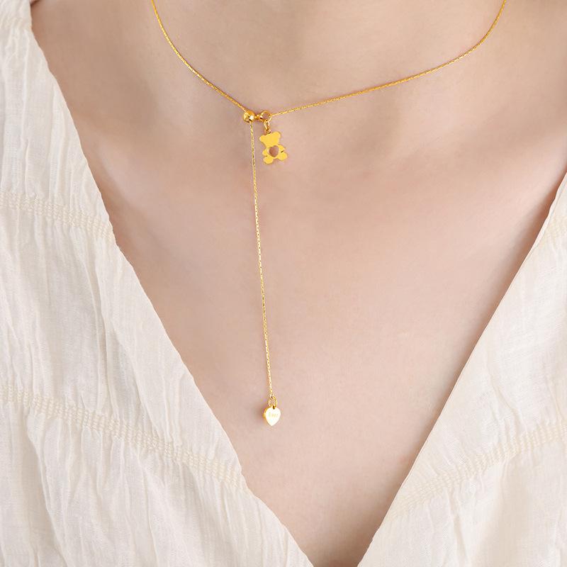 Adjustable Titanium Steel Heart-Shaped Necklace with Bear Pendant: European & American Retro Style