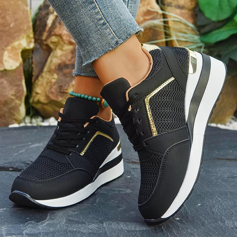 Spring Gold Silver Mesh Wedge Sneakers Women Lightweight Platform Heels Casual Shoes Woman Plus Size 36-43 Lace Up Sneakers