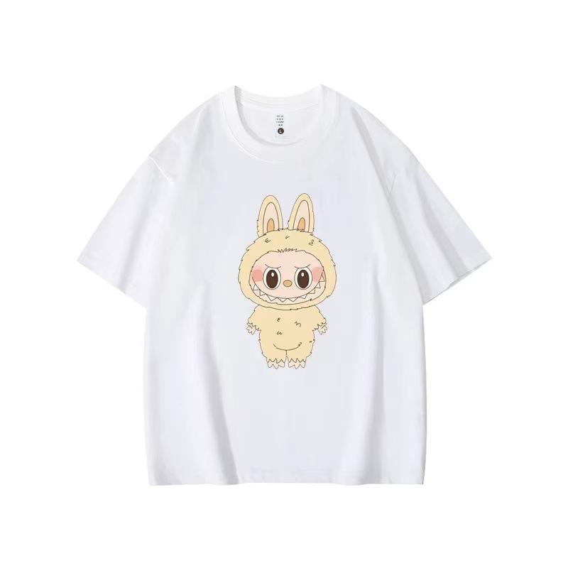 Summer Round Neck Labubu Pattern Printed Top Fashionable Casual Pure Cotton Short Sleeved Women's T-shirts