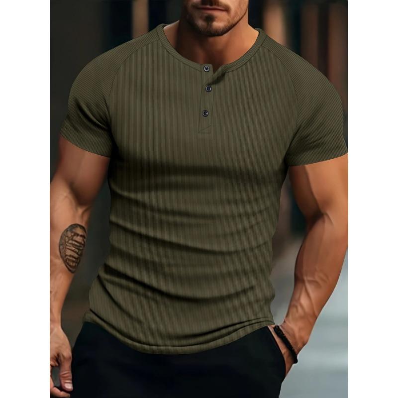 Men Vertical Ribbed Henley Neck Short Sleeve T-Shirt Casual Slim Fit Top
