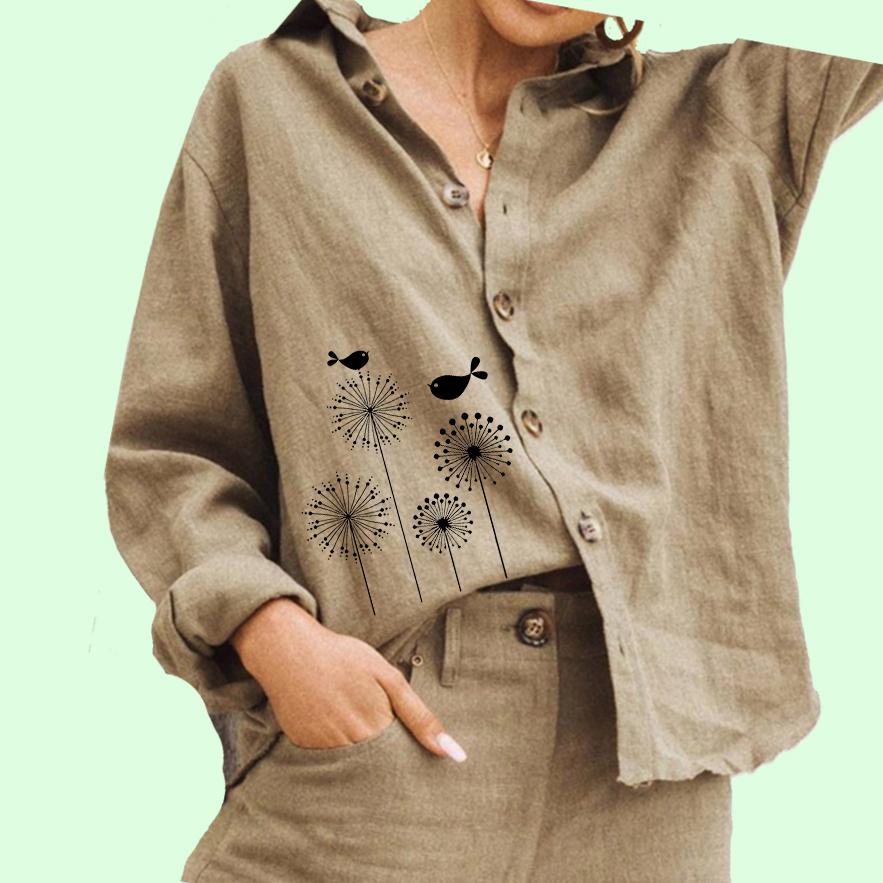 Dámská móda Květinový potisk Blůza Dámský bavlněný lněný top Ležérní košile na knoflíky