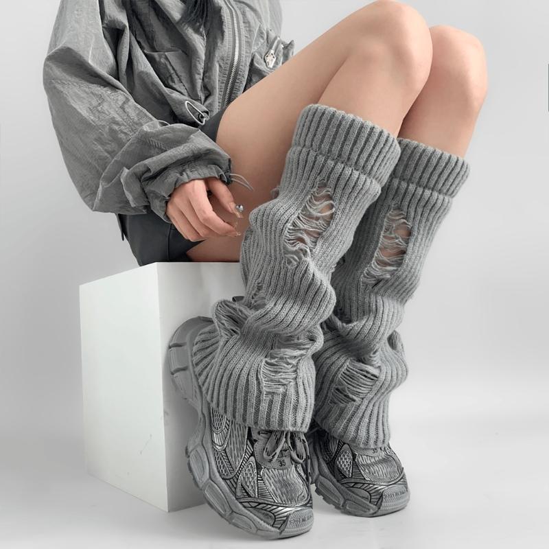 Womens Girls Lolitas Holes Leg Warmers Winter Knitted Leg Sleeves Goth Crochet Ankle Heap Socks JK Uniform Foot Cover