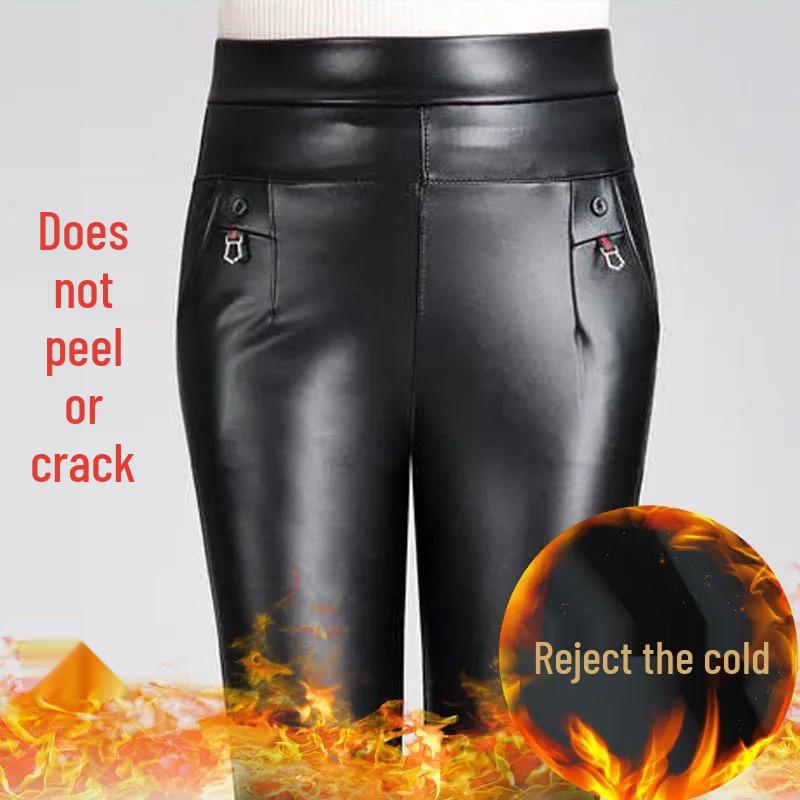 Mama's Leren Broek met Hoge Taille: Winter Stijl met Plus Fluweel en Rechte Pijpen voor Vrouwen van Middelbare Leeftijd & Ouderen