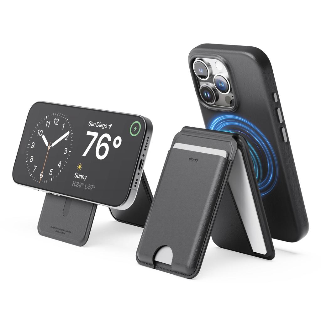 elago Magnetic Wallet Synthetic Leather Wallet with MagSafe Card Holder and Card Storage Pocket with iPhones and Stand, Black, Slim, Anti-Magnetic,