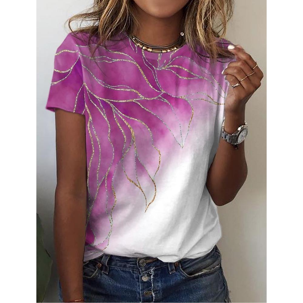 Letni damski top z krótkim rękawem z nadrukiem 3D w kwiatowy wzór z gradientem, modny T-shirt z dekoltem O, kwiatowa tekstura