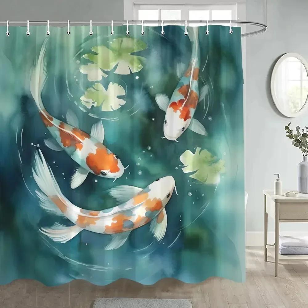 Duschvorhang im japanischen Stil Koi-Fisch Kirschblüte Sonne Meer Welle Oktopus Landschaft Polyesterstoff Vorhänge Badezimmerdeko