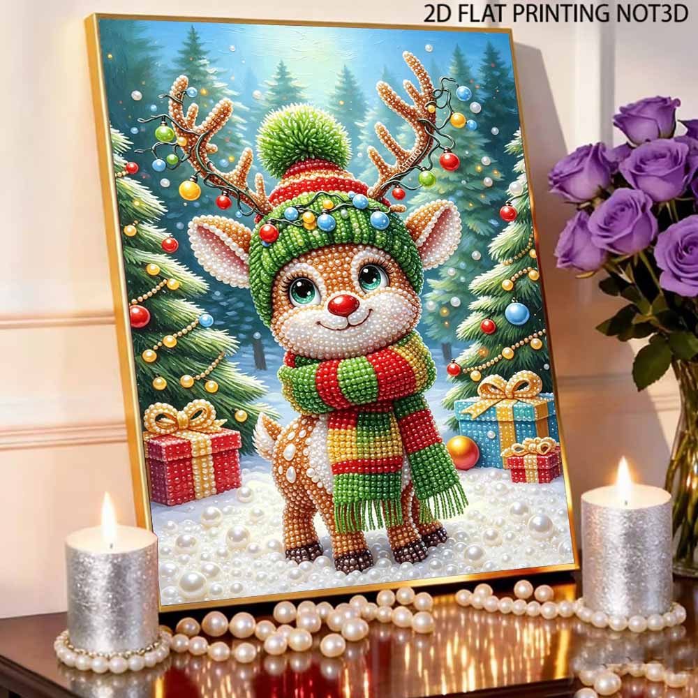 Christmas Reindeer Pearl Bead Painting Kit Cute Deer Winter Scene Frameless Canvas Art Relaxing Night Craft Home Decor Xmas Gift