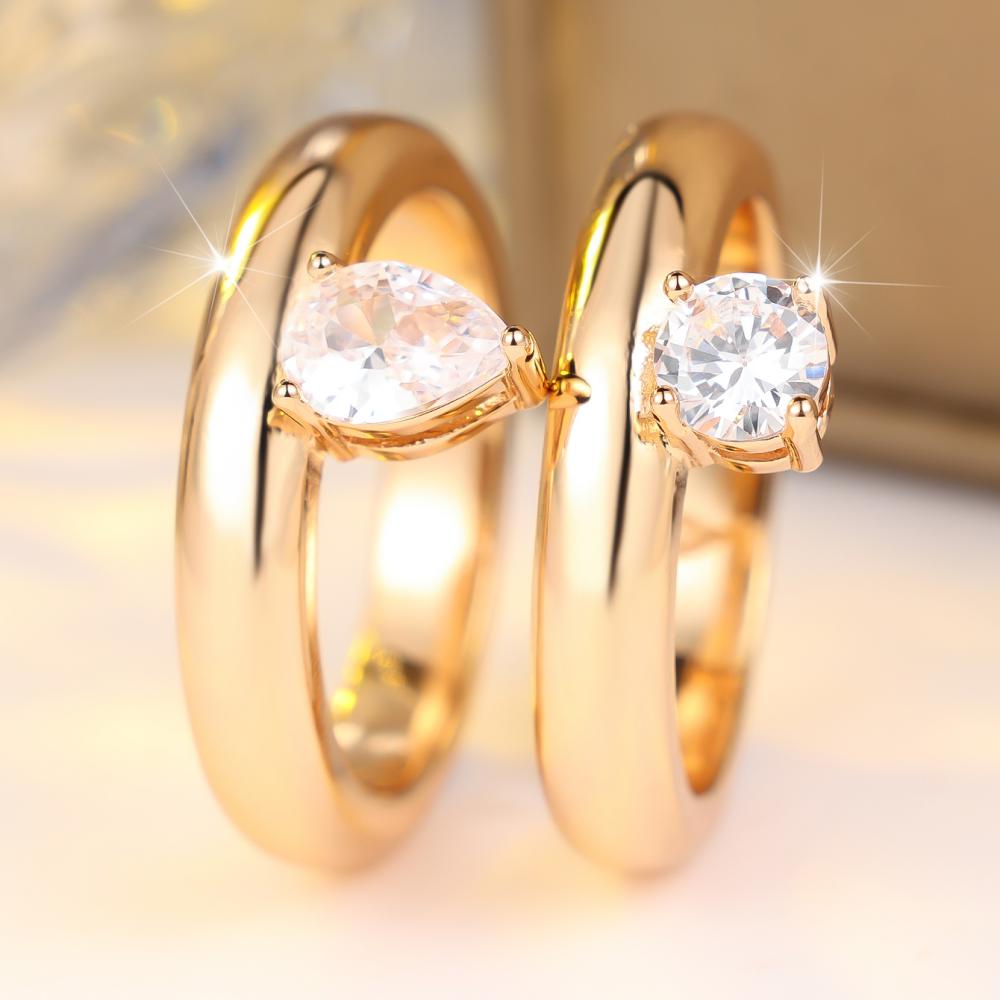 Elegant Gold Color Teardrop Round Zircon Ring Set for Women Daily Wear and Wedding