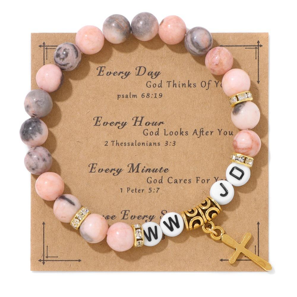 

JYL TS Bracelet WWJD Cross Literary Style Boosts Faith & Moral Strength Pink Zebra Card Packaging амарантовий
