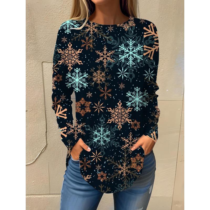 Camiseta de manga larga con cuello redondo y estampado 3D de copos de nieve con temática navideña, ropa de moda para mujer, ropa informal Y2K, ropa Harajuku para mujer