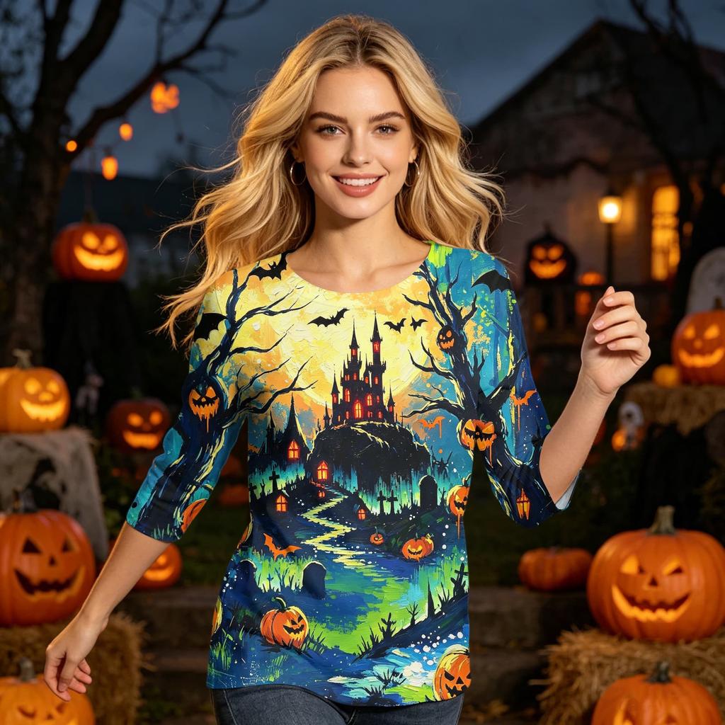 Women Casual 3/4 Sleeve Halloween Print Round Neck Top Lightweight Comfortable Fit Stretchy Fabric Stylish Design