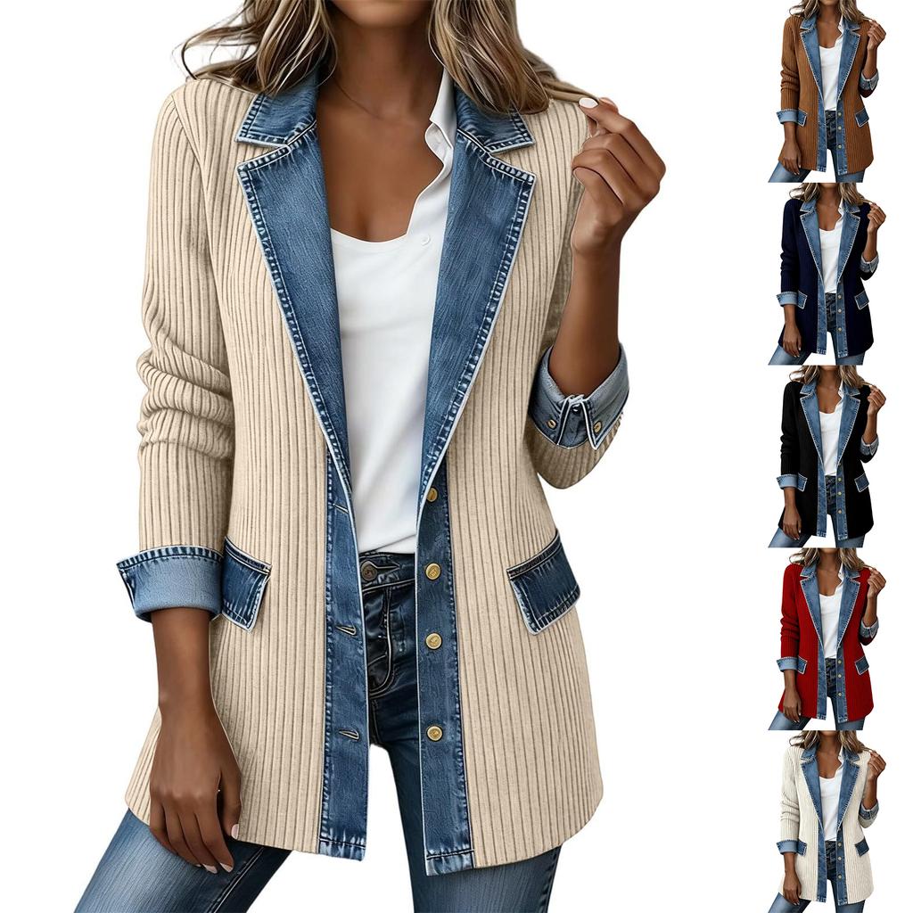 Women's Casual Denim Knit Patchwork Jacket with Lapel Collar for Everyday Wear