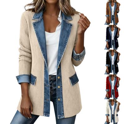 Women's Casual Denim Knit Patchwork Jacket with Lapel Collar for Everyday Wear