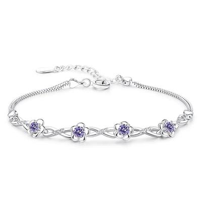 Luksusowe srebrne bransoletki z fioletowym, białym cyrkonem i kwiatem śliwki dla kobiet pulseira bijoux femme