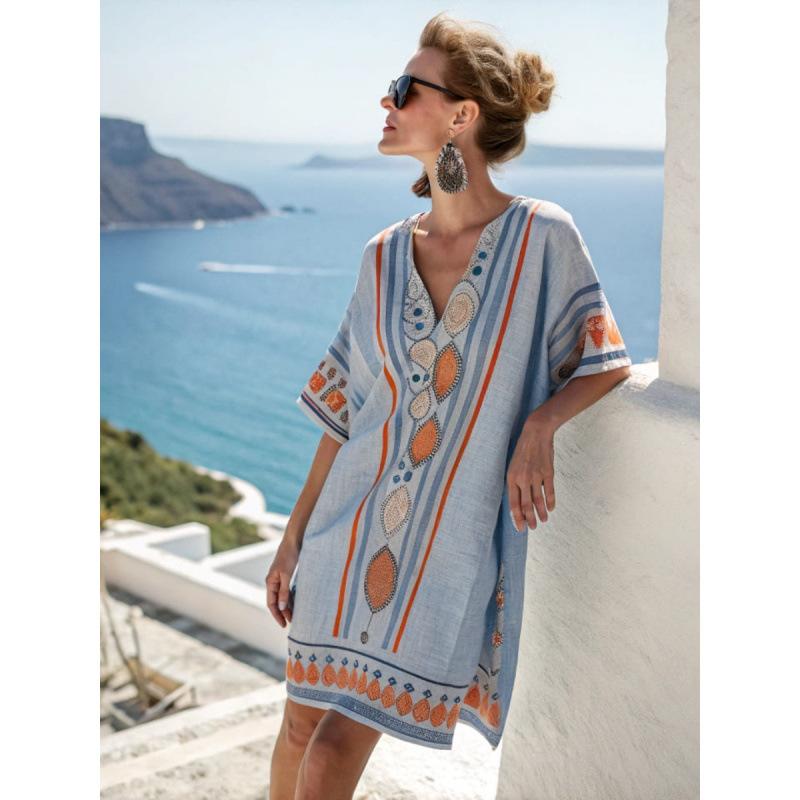 2026 summer European and American new loose printing V-neck women's casual vacation dress