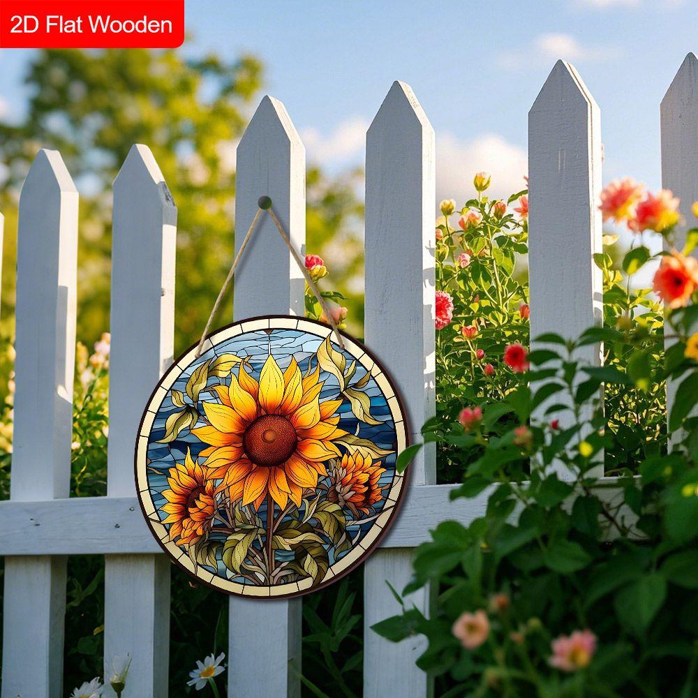Zonnebloem Ronde Houten Hangend Bord in Glas-in-Lood Stijl, 2D Platte Gedrukte Bloemen Deur Decoratie, Botanisch Muur Ornament Cadeau