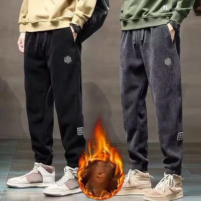 Autumn and Winter Plus Size Men's Corduroy Warm Leg Tied Pants Sporty and Casual Comfortable Loose and Plush Solid Color Pants