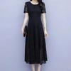 Women's Summer Short Sleeve Hollow Out Lace Dress Slim Round Neck A-Line Mid-calf Dresses