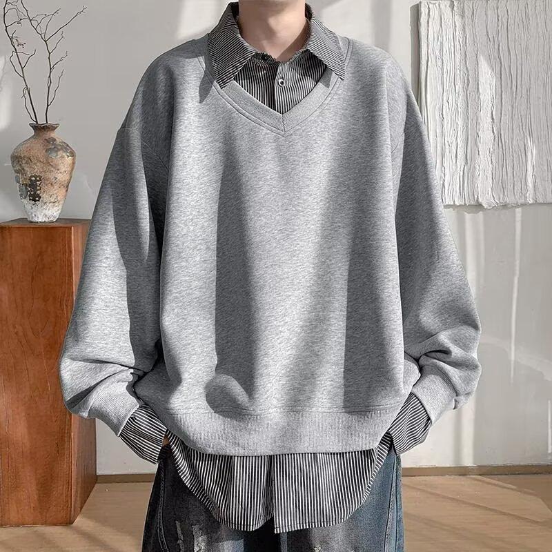 Herren Retro Gestreiftes Zwei-in-Eins Hemd Sweatshirt - Herbst & Winter Trendiges Lockeres Langarm Oberteil