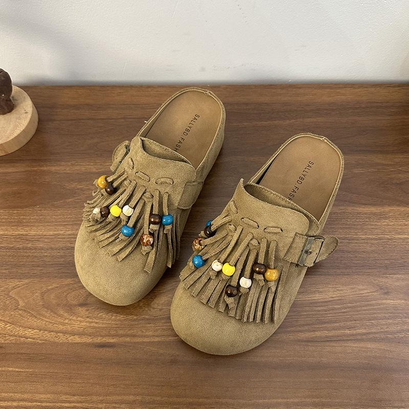 Baotou Slippers New Thick-soled Beaded 2025 Summer Retro Boken Shoes Half a Pack of Cool Slippers To Wear Outside