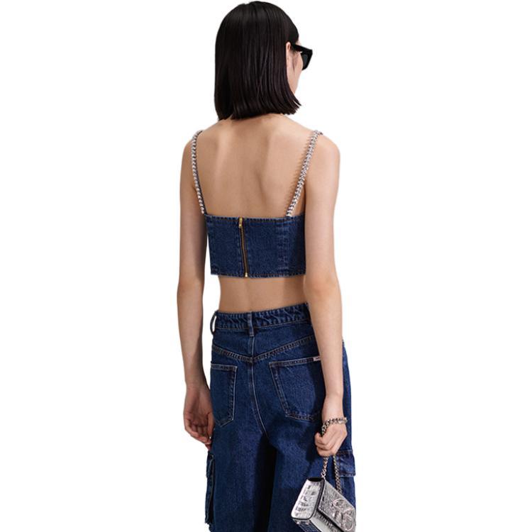 Self-Portrait Rhinestone Embellished Crop Top Sexy Sleeveless Camisole Women tops Denim-Blue SWF343B00700