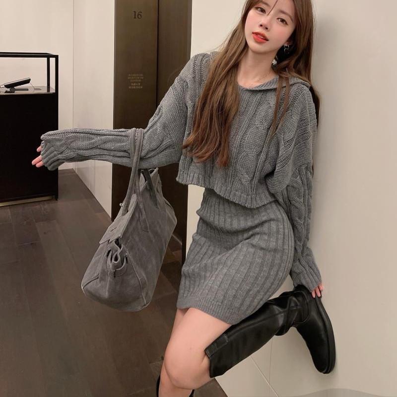 Elegant Autumn/Winter Hooded Loose Pullover Women Sweater New Retro Women High Waist Hip Short Skirts 2-piece Set Set Knitted Twist Outfits Clothing