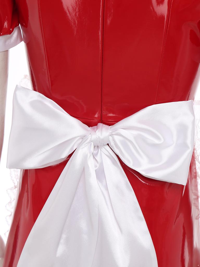 Women French Maid Dress Satin Lapel Collar Lace Trim Short Sleeve Wet Look PU Maxi Apron Costume