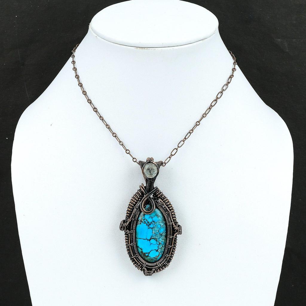 Tibetischer Türkis Anhänger Kupferdraht gewickelter Anhänger Handgefertigter Schmuck Weißtopas Anhänger Gewickelter Edelsteinanhänger Kupferschmuck zum Geschenk