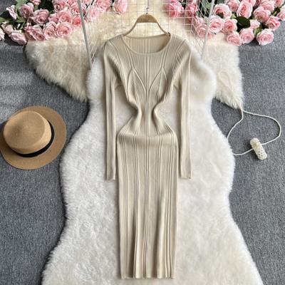 Lady Sweater Dress Thread Skinny High Elasticity O Neck Long Sleeves Sheath Midi Dress Knitted Solid Color Slim Waist Dating Dress