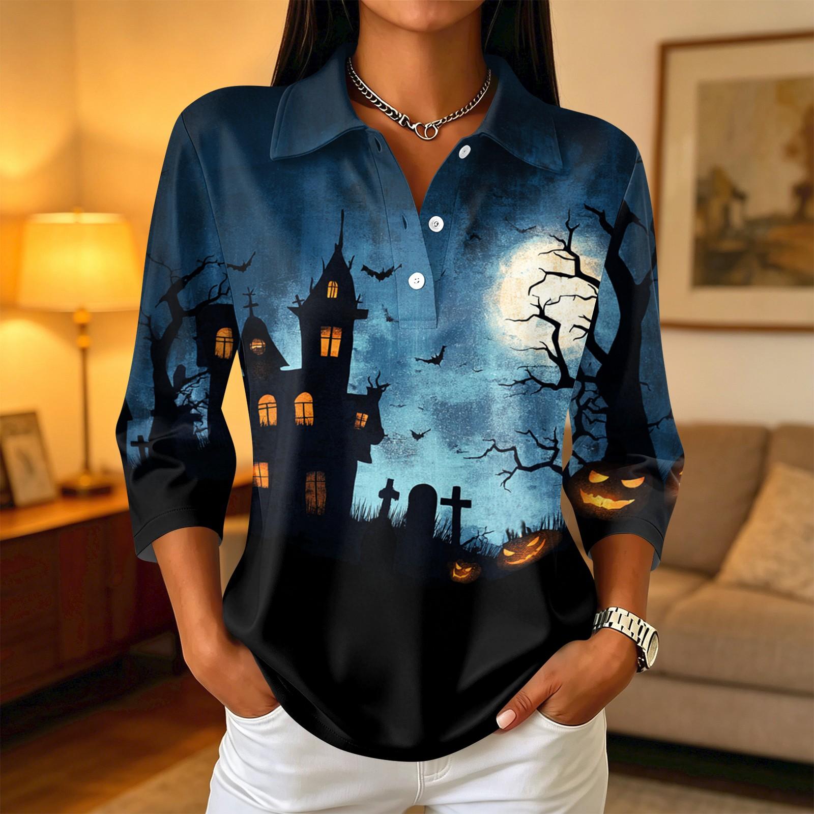 Women s Halloween Print Button Front Blouse with Collar and Three-Quarter Sleeves L