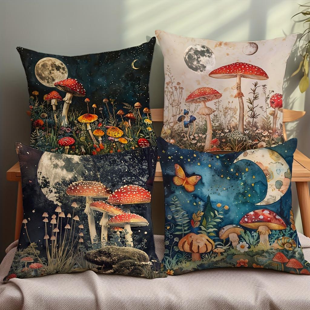 Short Plush Material Pillowcasefantasy Mushroom Plant Flower Pattern Cushion Cover Home Living Room Sofa Decoration Square