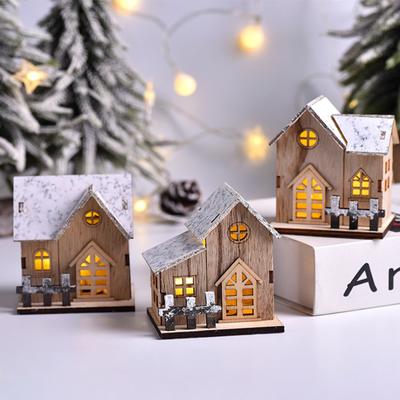 Christmas Wooden House With LED Light Luminous Cabin Merry Christmas Decorations DIY Xmas Tree Ornaments Kids Gifts New Year